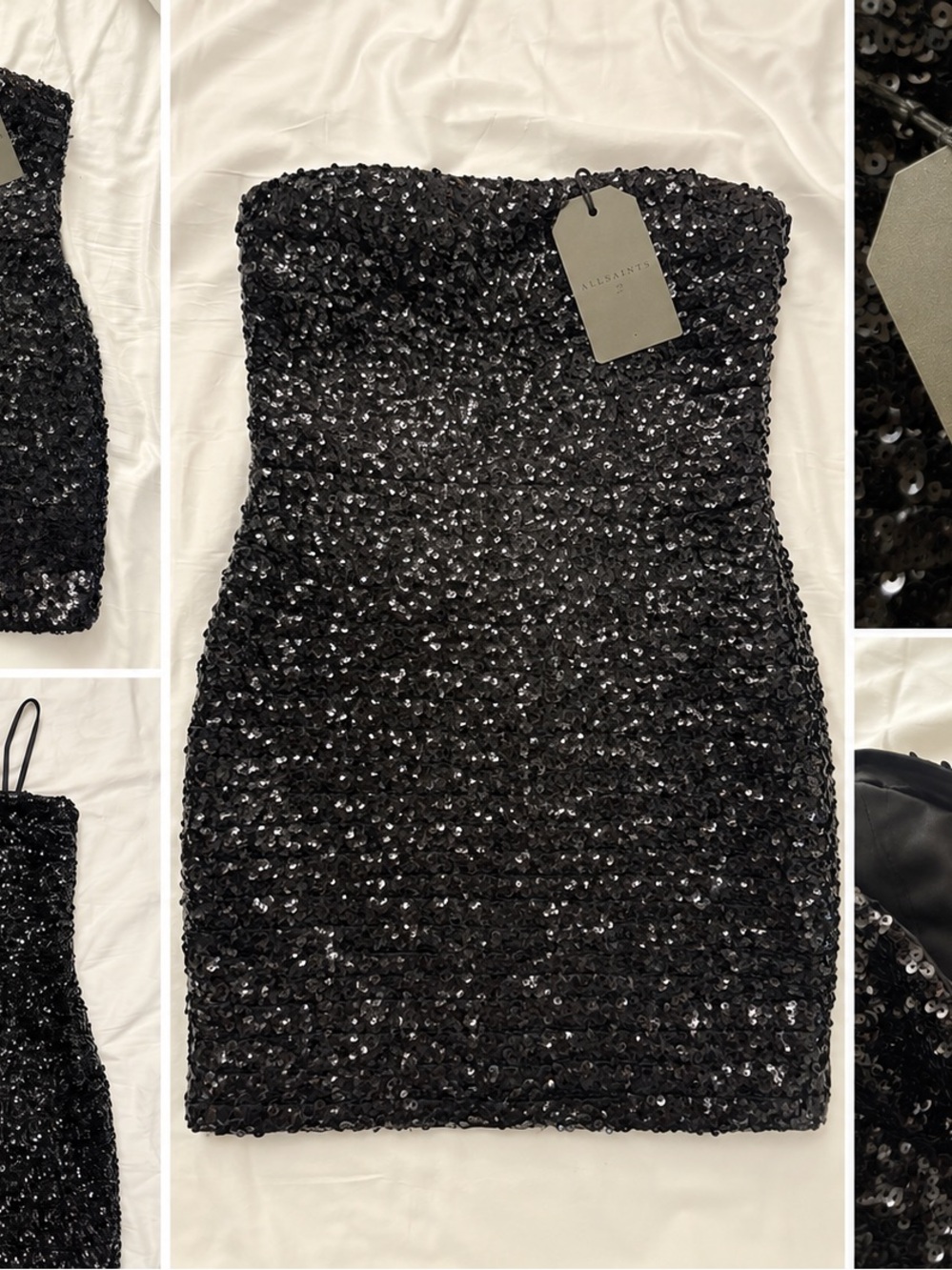 AllSaints Black Sequin Strapless Mini Dress - Picture 2 of 2
